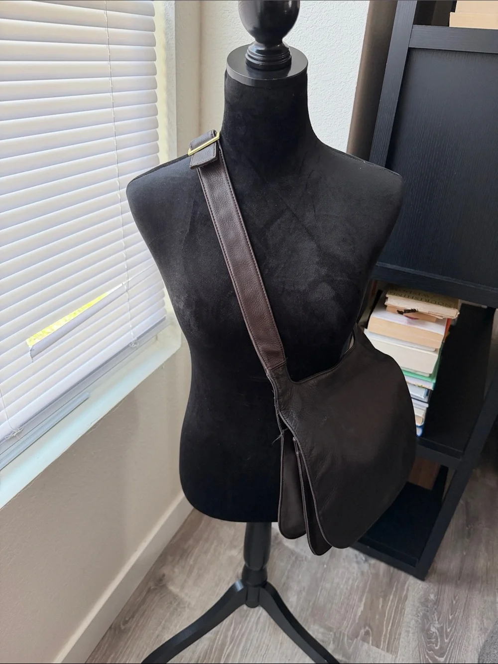 Dark Brown Genuine Leather Messenger Bag with Wide Shoulder Strap